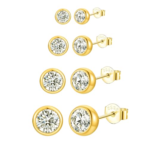 Epoch World 4 Paar 925 Sterling Silber Ohrringe Gold Damen Kleine Goldene Ohrstecker Set Multipack Hypoallergene Cubic Zirkonia Klein Runde Ohrringe Gold Ohrstecker für Damen Mädchen Frauen Schmuck von Epoch World