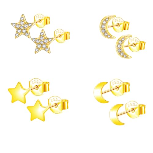 Epoch World 4 Paar 925 Sterling Silber Ohrringe Gold Damen Mond Stern Ohrstecker Klein Hypoallergene Ohrschmuck Stern Ohrringe Cubic Zirkonia Schlafen Gold Ohrstecker für Damen Frauen Mädchen von Epoch World