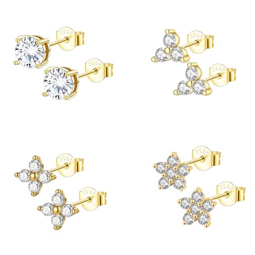 Epoch World 4 Paar Ohrringe Silber 925 Set mit Zirkonia Hypoallergene Knorpel Tragus Klein Ohrstecker Gold Ohrringe Blumen Schmuck Blume Ohrstecker Gold für Damen Frauen Mädchen von Epoch World