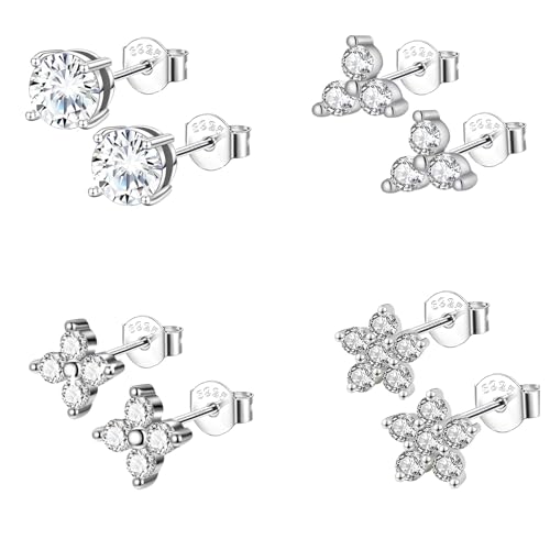 Epoch World 4 Paar Ohrringe Silber 925 Set mit Zirkonia Hypoallergene Knorpel Tragus Klein Ohrstecker Silber Ohrringe Blumen Schmuck Blume Ohrstecker für Damen Frauen Mädchen von Epoch World
