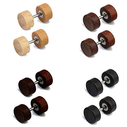 Epoch World 4 Paare 8mm Edelstahl Rund Holz Stud Ohrstecker Set für Damen Herren, Ohrschmuck Titan Ohrringe Herren Holz Schwarz Fake Plug Tunnel Set, Ohrstecker Männer Holz, Ohrstecker Herren Holz von Epoch World