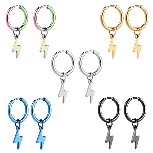 Epoch World 5 Paare Titan Edelstahl Creolen Gold Ohrringe für Herren Damen, Ohrringe Damen Silber Set, Schwarz Männer Ohrringe Blitz Herren Hängend Piercing von Epoch World