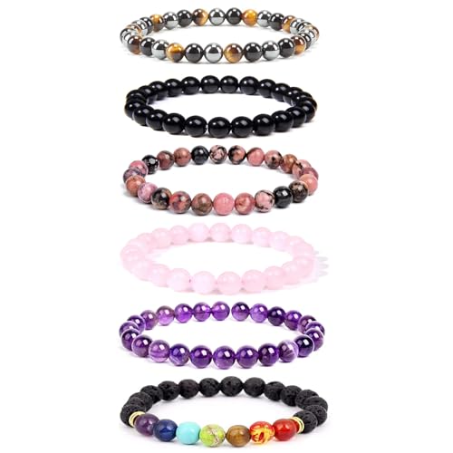 Epoch World 6 Stücke 8mm Perlenarmband Natürliche Edelstein Armbänder Damen Herren Armbänder Perlen Armband Set Lava Stein Armbänder Stretch Armbänder Paare Armband Unisex Armbänder für Damen Herren von Epoch World
