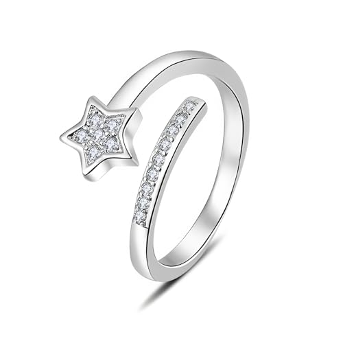 Epoch World 925 Sterling Silber Ring Damen Ringe Sterne Offene Verstellbar Cubic Zirkonia Partnerringe Schmuck Silber Ring Stern für Damen Frauen mit Geschenkbox von Epoch World