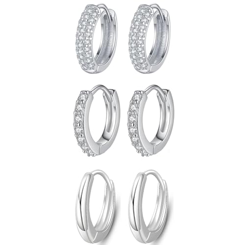 Epoch World Damen Creolen Silber Ohrringe 3 Paare 925 Sterling Silber Ohrringe Set Hypoallergen Klein Schlafen Creolen mit AAA Zirkonia Huggie Kreolen für Damen Frauen Mädchen von Epoch World