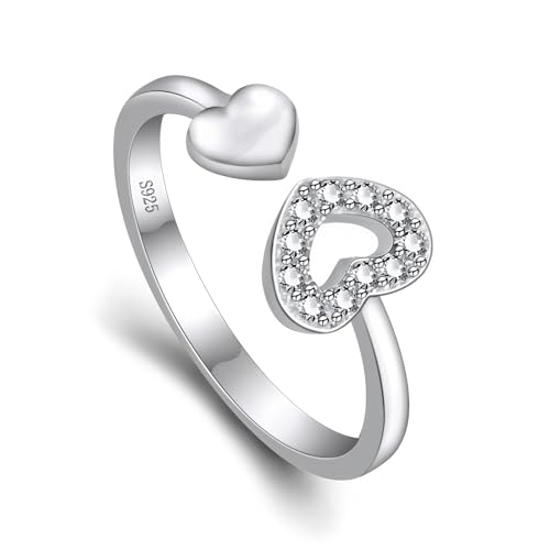 Epoch World Damen Ring Silber Ringe Verstellbar Offener Herz Ringe Zirkonia Schmuck Promise Engagement Herz Silber Ring für Damen Frauen von Epoch World