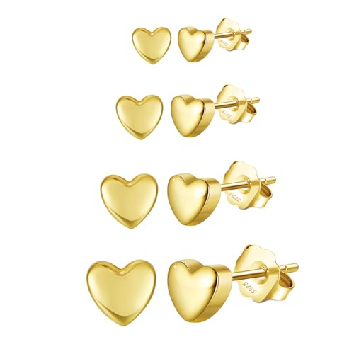 Epoch World Herz Ohrstecker Silber 925 Damen Set 4 Paare 925 Sterling Silber Ohrringe Herz Ohrstecker Goldene Hypoallergene Gold Ohrringe Gold Ohrschmuck für Damen Frauen und Mädchen von Epoch World