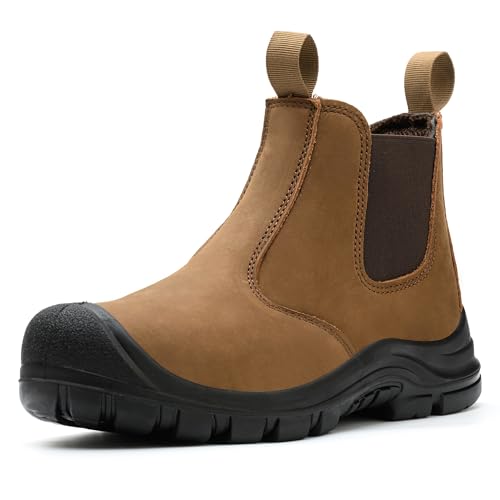 Herren Stahlzehe Arbeitsstiefel Chelsea Sicherheitsstiefel Leder Schlupf auf Wasserdicht Leichte Arbeitsstiefel (Braun, Erwachsene, Herren, 44, Numerisch, EU Schuhgrößensystem, M) von Epochsaga