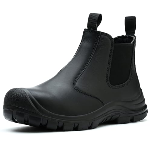 Herren Stahlzehe Arbeitsstiefel Chelsea Sicherheitsstiefel Leder Schlupf auf Wasserdicht Leichte Arbeitsstiefel (Schwarz, Erwachsene, Herren, 44, Numerisch, EU Schuhgrößensystem, M) von Epochsaga