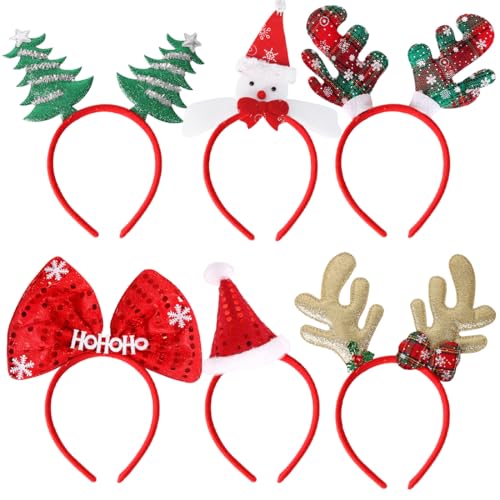 6 Stück Haarreif Weihnachten, Weihnachtsmütze Haarreifen, Weihnachtsfeier Stirnband Kopfschmuck, Kopfbedeckung Haarschmuck für Kinder Erwachsene Weihnachtsbaum Schleife Rentier Geweih Schneemann von Epokus