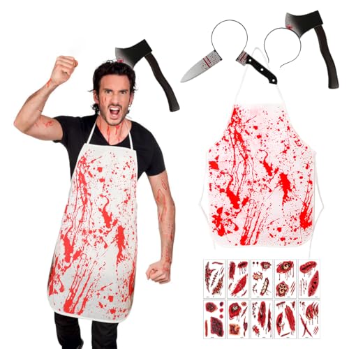 Epokus Halloween Blutige Schürze,Blutiges Messer Haarreif Mit Zombie Scars Tattoo,Verkleiden Metzger Kostüm Blut Befleckt für Damen Herren Erwachsene Halloween Zombie Fasching Karneval Dekoration von Epokus