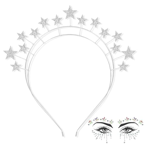 Stern Stirnband Silber,Doppelschicht Strass Haarband mit Gesichtstattoo,Glitzer Haarschmuck Stern Kopfbedeckung,Kostüm Kristall Haarreifen für Karneval Hochzeit Geburtstag Neujahr Geschenk von Epokus