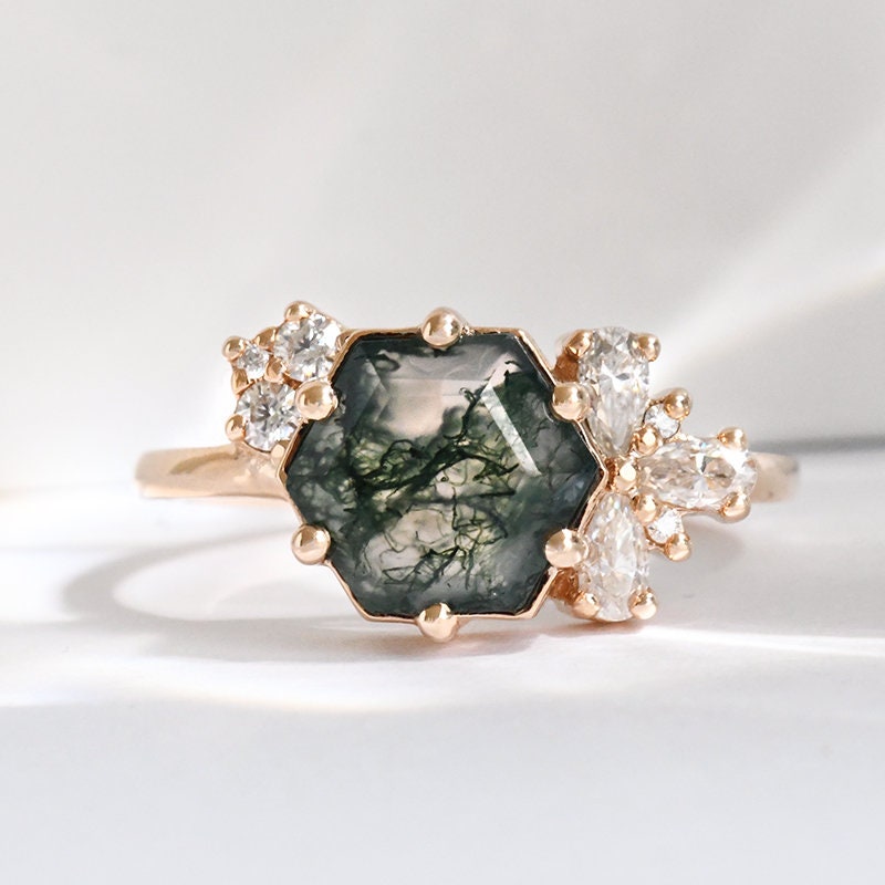 Atemberaubender Moosachat Massiv Gold Ring | Recycelter Mit Hexagon Platin Seite Moissanite von EppiJewelry