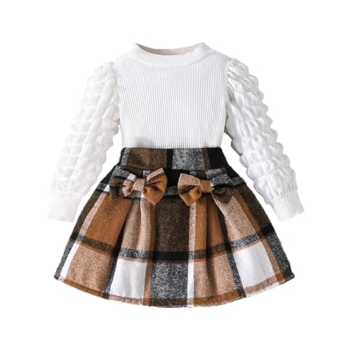 Eqenkely Kleinkind Mädchen Kleidung Puffärmel Langarm Gerippte Oberteile + Bowknot Plaid Mini Rock 2 Stück Herbst Winter Kleidung Sets Gelb 7 Jahre von Eqenkely