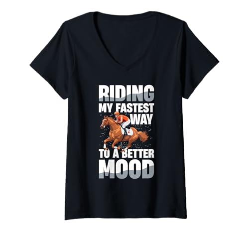 Damen Auf Meinem schnellsten Weg zu besserer Laune T-Shirt mit V-Ausschnitt von Equestrian Horse Racing Jockey Thoroughbred
