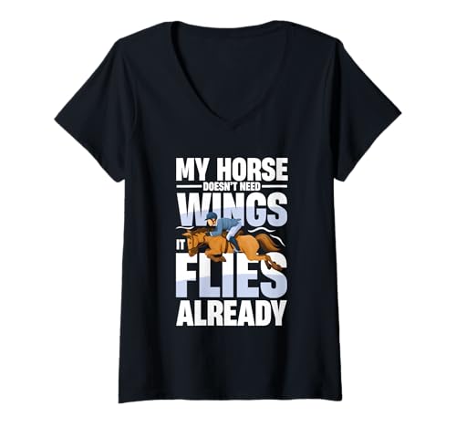 Damen Mein Pferd braucht Keine Flügel, es fliegt Schon T-Shirt mit V-Ausschnitt von Equestrian Horse Riding Enthusiast Lovers