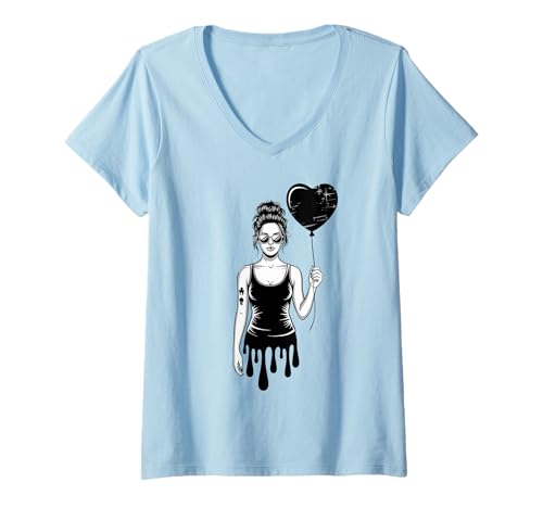 Damen Dunkles Romantisches Mädchen mit Herzballon im Streetstyle T-Shirt mit V-Ausschnitt Damen Dunkles Romantisches Mädchen mit Herzballon im Streetstyle T-Shirt mit V-Ausschnitt von Equestrian Horseback Riding Jockey Hooves