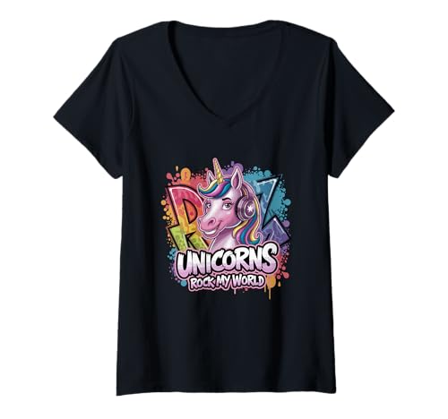 Damen Einhornfelsen T-Shirt mit V-Ausschnitt Damen Einhornfelsen T-Shirt mit V-Ausschnitt von Equestrian Horseback Riding Jockey Hooves