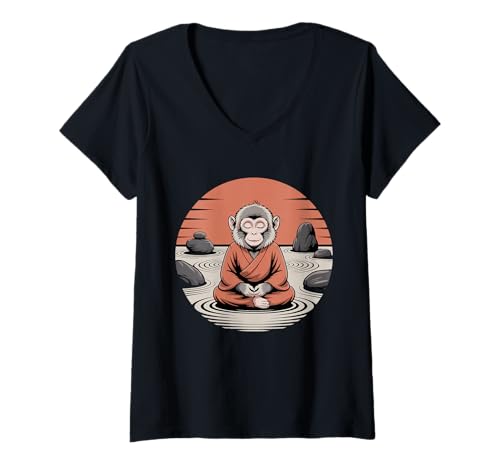 Damen Meditierender AFFE Mönch Achtsamkeit Yoga T-Shirt mit V-Ausschnitt Damen Meditierender AFFE Mönch Achtsamkeit Yoga T-Shirt mit V-Ausschnitt von Equestrian Horseback Riding Jockey Hooves