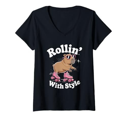Damen Rollin Capybara Rollschuhlaufen T-Shirt mit V-Ausschnitt Damen Rollin Capybara Rollschuhlaufen T-Shirt mit V-Ausschnitt von Equestrian Horseback Riding Jockey Hooves
