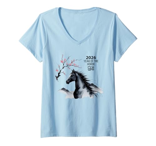Damen Serene Hengst Sakura Blossoms 2026 Chinesisches Mondneujahr T-Shirt mit V-Ausschnitt Damen Serene Hengst Sakura Blossoms 2026 Chinesisches Mondneujahr T-Shirt mit V-Ausschnitt von Equestrian Japanese Zen Art