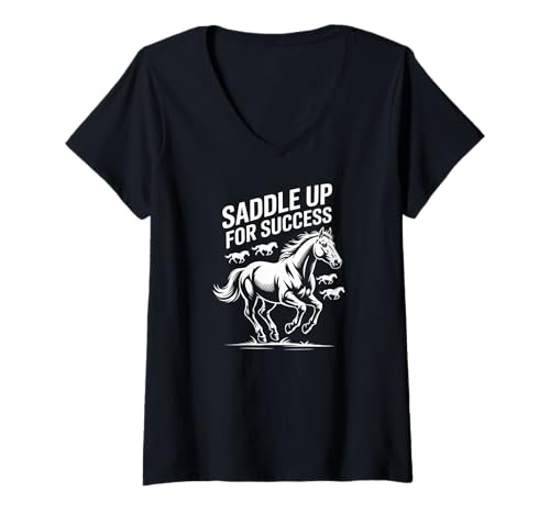 Damen Sattel Up for Success Pferdegalopppower T-Shirt mit V-Ausschnitt Damen Sattel Up for Success Pferdegalopppower T-Shirt mit V-Ausschnitt von Equestrian Motivation Horses Galloping