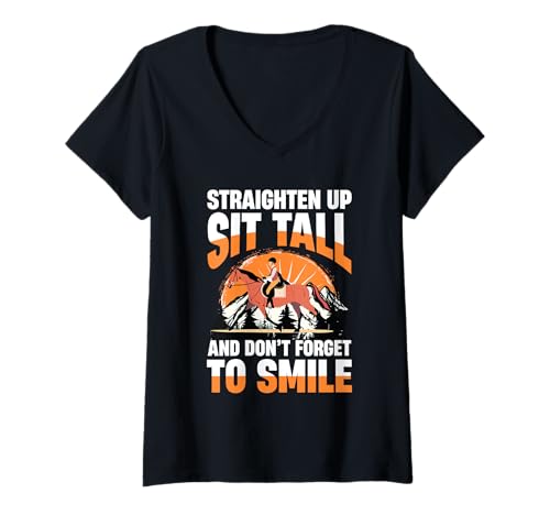 Damen Straighten Up Sit Tall Reiten T-Shirt mit V-Ausschnitt von Equestrian Motivational Horse Riding Art