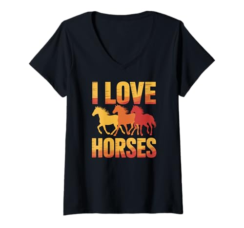 Damen I Love Horses Bunte Galoppierende Silhouette T-Shirt mit V-Ausschnitt Damen I Love Horses Bunte Galoppierende Silhouette T-Shirt mit V-Ausschnitt von Equestrian Passion Expressive Horse Lover