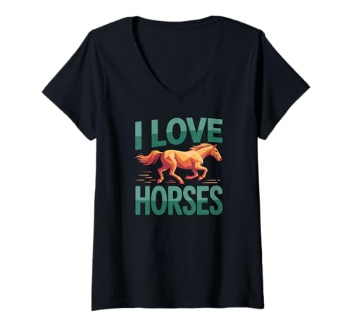 Damen Motiv „Ich Liebe Pferde im Gallop Joy“ T-Shirt mit V-Ausschnitt Damen Motiv „Ich Liebe Pferde im Gallop Joy“ T-Shirt mit V-Ausschnitt von Equestrian Passionate Horse Lovers