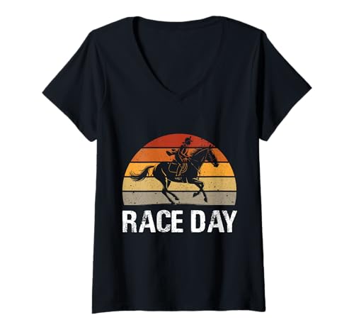 Damen Retro Race Day Reitsport Design T-Shirt mit V-Ausschnitt Damen Retro Race Day Reitsport Design T-Shirt mit V-Ausschnitt von Equestrian Style Co.