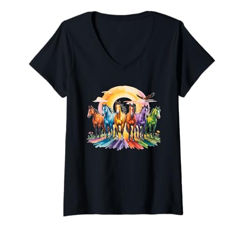 Damen Bunte Pferde in Regenbogen-Aquarellen mit Adlerpferd T-Shirt mit V-Ausschnitt Damen Bunte Pferde in Regenbogen-Aquarellen mit Adlerpferd T-Shirt mit V-Ausschnitt von Equine Horse Rodeo Western Lover