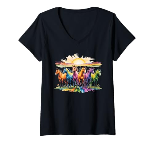 Damen Bunte Pferde in Regenbogen-Aquarellen mit Sonnenaufgang T-Shirt mit V-Ausschnitt Damen Bunte Pferde in Regenbogen-Aquarellen mit Sonnenaufgang T-Shirt mit V-Ausschnitt von Equine Horse Rodeo Western Lover