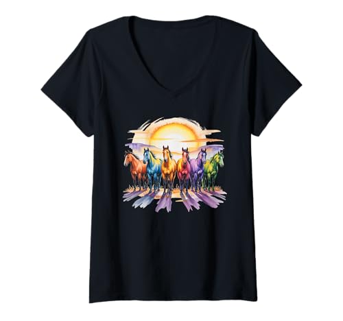 Damen Bunte Pferde in Regenbogen-Aquarellen mit Sonnenaufgang T-Shirt mit V-Ausschnitt Damen Bunte Pferde in Regenbogen-Aquarellen mit Sonnenaufgang T-Shirt mit V-Ausschnitt von Equine Horse Rodeo Western Lover