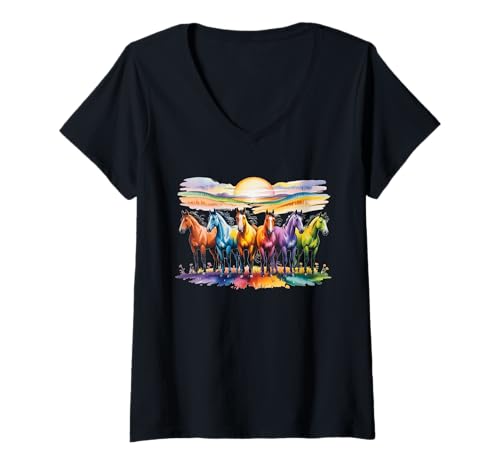 Damen Bunte Pferde in Regenbogen-Aquarellen mit Sonnenuntergang T-Shirt mit V-Ausschnitt Damen Bunte Pferde in Regenbogen-Aquarellen mit Sonnenuntergang T-Shirt mit V-Ausschnitt von Equine Horse Rodeo Western Lover