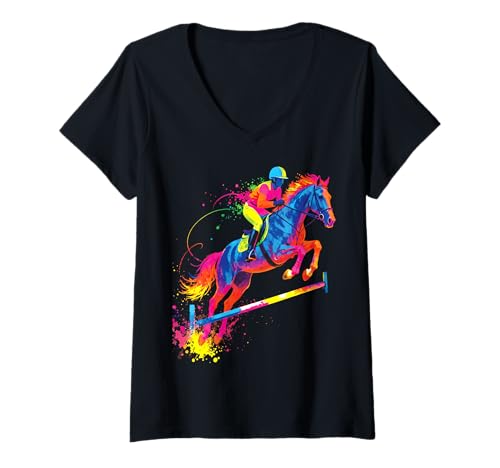Damen Reiten Reiten Reiten Pferd Springen Hindernisse Sport Reiten T-Shirt mit V-Ausschnitt Damen Reiten Reiten Reiten Pferd Springen Hindernisse Sport Reiten T-Shirt mit V-Ausschnitt von Équitation Dressage Saut Obstacle