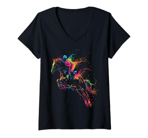 Damen Reiten Reiten Reiten Pferd Springen Hindernisse Sport Reiten T-Shirt mit V-Ausschnitt Damen Reiten Reiten Reiten Pferd Springen Hindernisse Sport Reiten T-Shirt mit V-Ausschnitt von Équitation Dressage Saut Obstacle