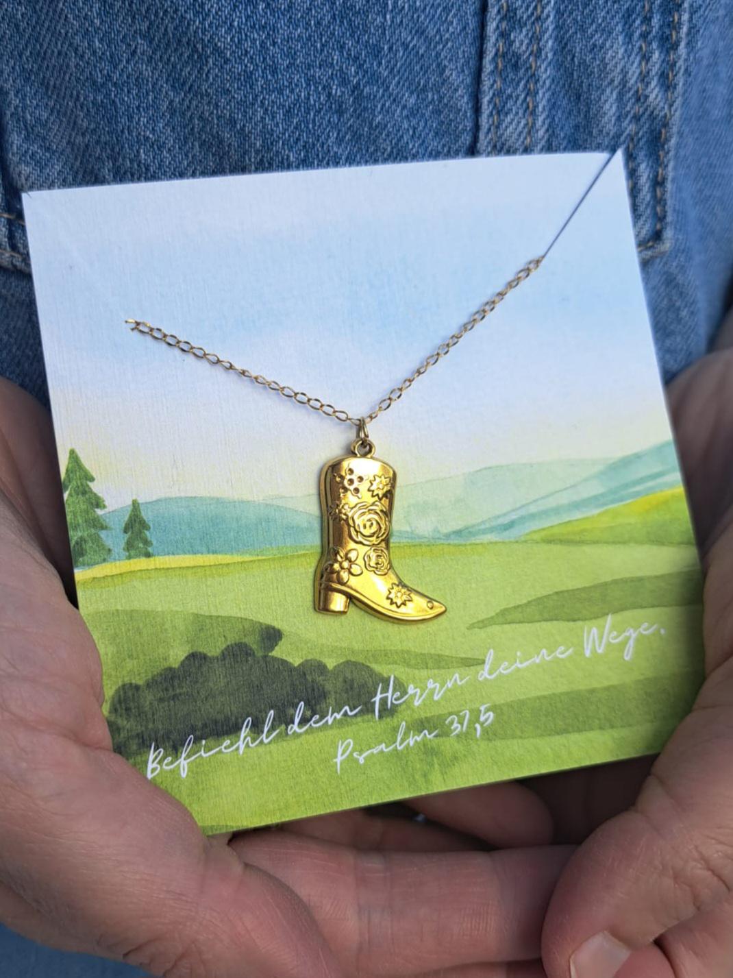 Goldkette Cowboystiefel Anhänger, Christlicher Schmuck, Zierliche Kette Aus Vergoldetem Edelstahl Im Countrystyle von ErMUTigungsschmuck