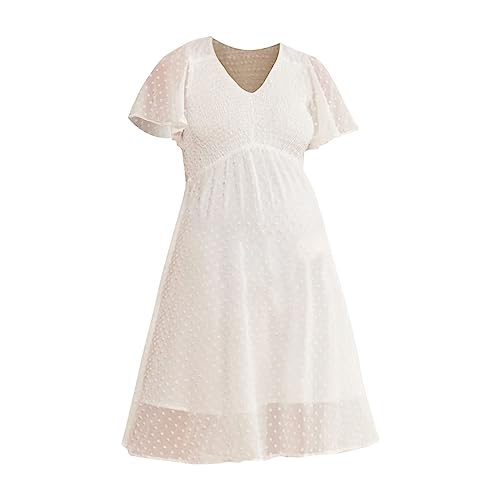 Umstandskleid Langarm Maxi Schwangere Kleid Einfarbig Punkte Kurzarm V-ausschnitt Mutterschaft Hohe Taille Schwangerschaft Kleid Einfarbig langes Kleid Standesamt Kleid Damen Große Größen (White, M) von EraAja