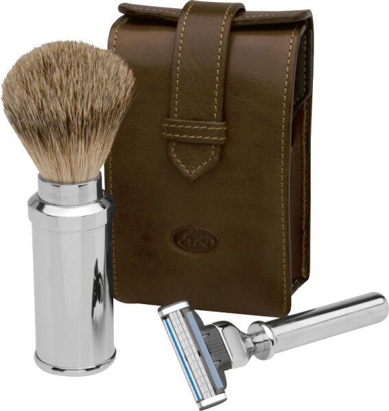 Erbe Collection Rasier-Set in Ledertasche 13 x 7 cm, braun, Gillette Mach 3 von Erbe