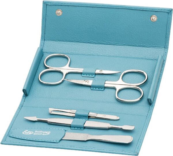 Erbe Collection fünfteiliges Manicure Set im Leder-Druckknopf-Etui meerblau von Erbe