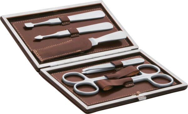 Erbe Collection sechsteiliges Manicure Set im braunen Lederetui 15 x 8,5 cm von Erbe