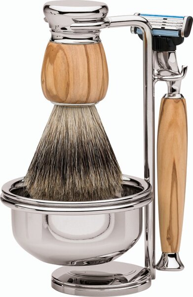 Erbe Shaving Shop Premium Design MILANO Dachshaar & Mach3 Olivenholz Rasiergarnitur mit Seifenschale von Erbe