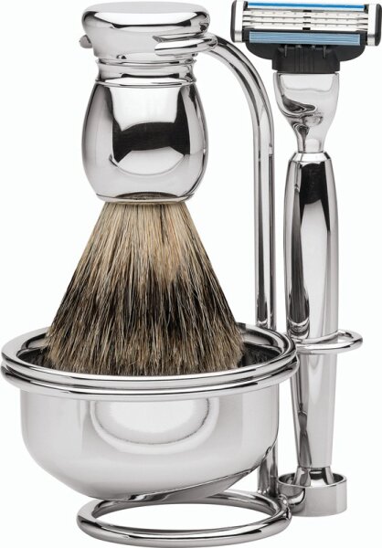 Erbe Shaving Shop Premium Design MILANO Rasiergarnitur mit Seifenschale Dachshaar & Mach3 Metall glänzend von Erbe