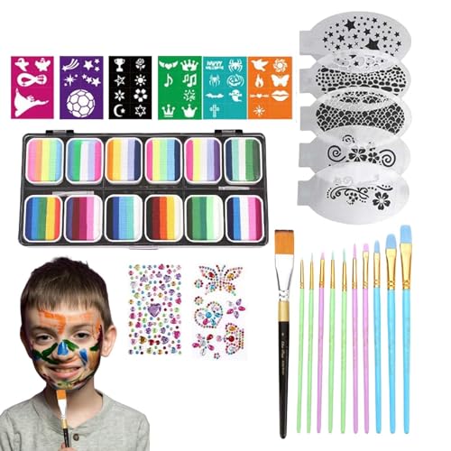 Erconsso Gesichtsbemalung Set | Gesichtsfarben Set Mit Schablonen | 12-Fach Palette Mit Pinseln Schablonen Strasssteinen Für Kinder Jugendliche Erwachsene von Erconsso