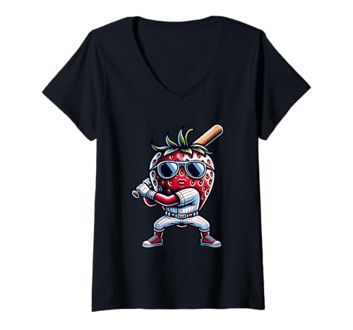 Damen Stolze Erdbeer Baseball Spieler Mit Stil T-Shirt mit V-Ausschnitt von Erdbeer Baseball Spaß Mit Sonnenbrille