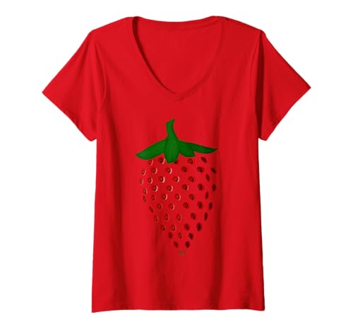 Damen Leckere Erdbeeren Kostüm Vegan Strawberry Obst Design Fun T-Shirt mit V-Ausschnitt von Erdbeere Karneval Fasching Fastnacht Verkleidung