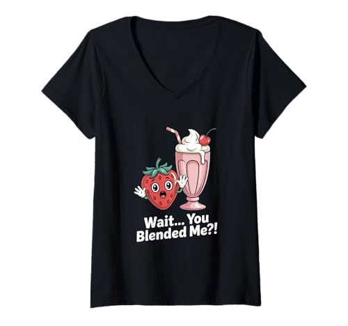 Damen Erdbeere Milchshake Humor Wait You Blended Me T-Shirt mit V-Ausschnitt Damen Erdbeere Milchshake Humor Wait You Blended Me T-Shirt mit V-Ausschnitt von Erdbeere Milchshake Smoothie Humor Cartoon