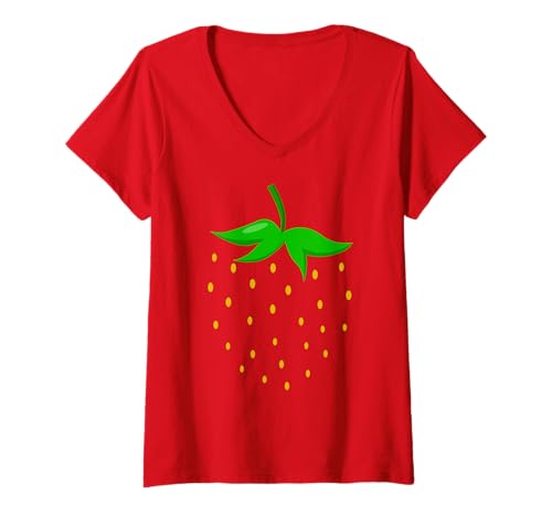 Damen Erdbeer Kostüm Erdbeerkostüm Verkleidet Karneval Fasching T-Shirt mit V-Ausschnitt Damen Erdbeer Kostüm Erdbeerkostüm Verkleidet Karneval Fasching T-Shirt mit V-Ausschnitt von Erdbeere Top Karneval Verkleidung Faschingskostüm