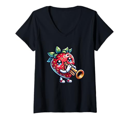 Damen Erdbeere Spielt Trompete Fruchtig Spaß T-Shirt mit V-Ausschnitt Damen Erdbeere Spielt Trompete Fruchtig Spaß T-Shirt mit V-Ausschnitt von Erdbeere Trompete Frucht Musik Spaß