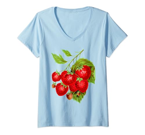 Damen Erdbeer Botanical Illustration Obst Vintage T-Shirt mit V-Ausschnitt von Erdbeerfrucht-Illustration
